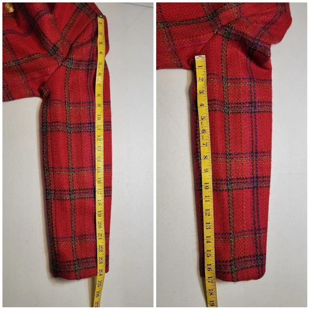 Ellen Tracy Red Plaid Blazer Double Breasted Gold Buttons Skirt Suit Set Tweed